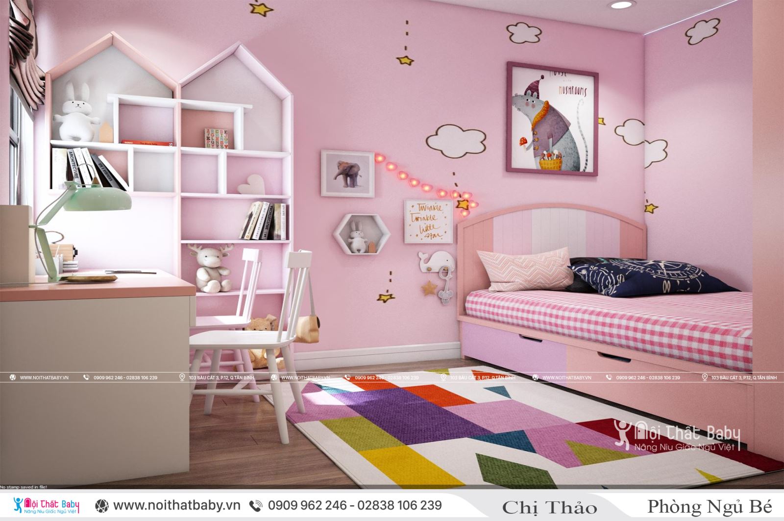 Thiết kế phòng ngủ bé gái màu hồng tại chung cư Emerald Celadon City 63m2